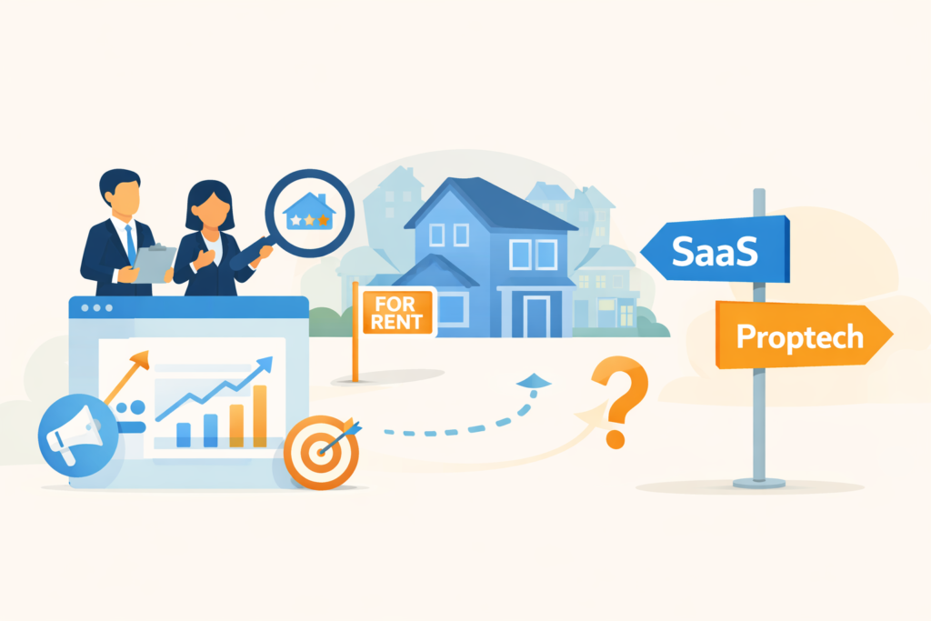 Minimal illustration contrasting SaaS and proptech marketing with real estate focus