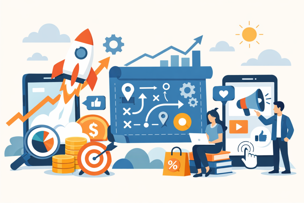 Minimal cartoon of a mobile-first marketing strategy with a smartphone, rocket launch, growth charts, and people planning a digital campaign.