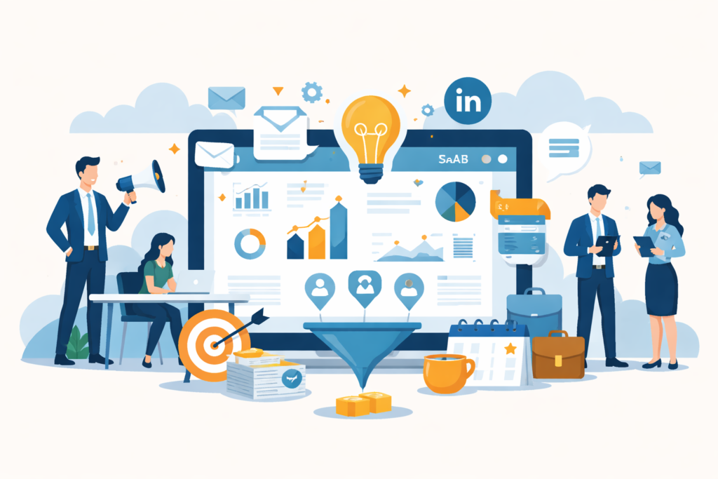 Minimal cartoon of B2B SaaS marketing with a dashboard, business professionals, data charts, and communication tools beyond social media.