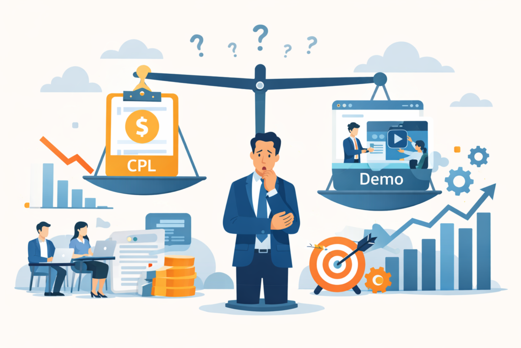 Minimal cartoon of a founder comparing cost per lead and demo rate on a balance scale with charts and growth icons.
