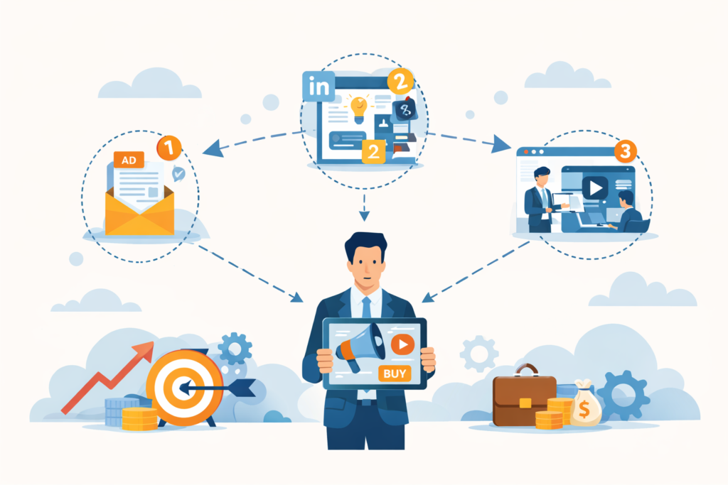 Minimal cartoon of a buyer journey with three connected touchpoints (ad, content, demo) leading to conversion.