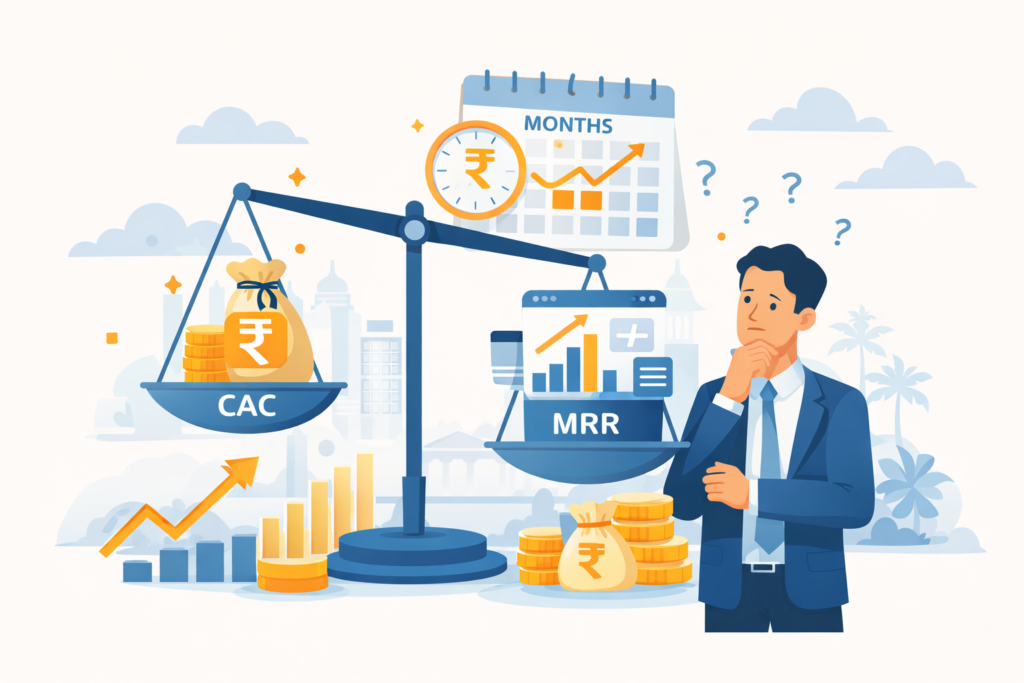 Minimal cartoon of a founder analyzing CAC payback with a balance scale, rupee symbols, revenue growth chart, and timeline.