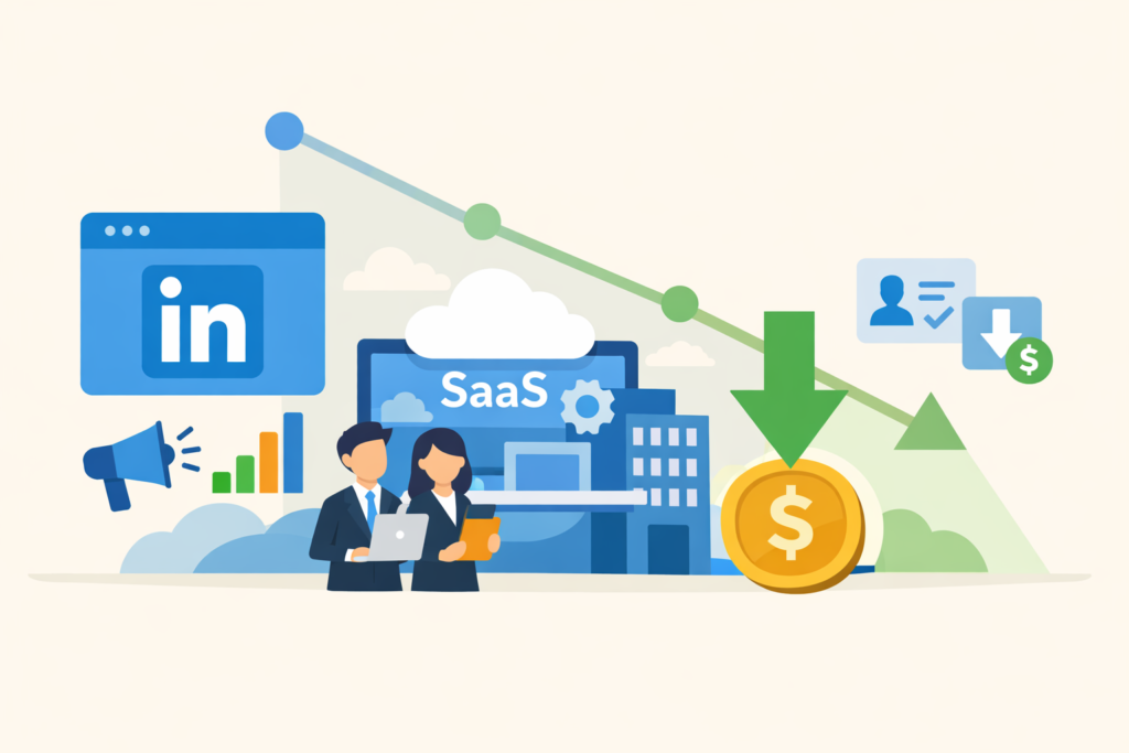 Minimal illustration of LinkedIn SaaS ads with declining cost symbol