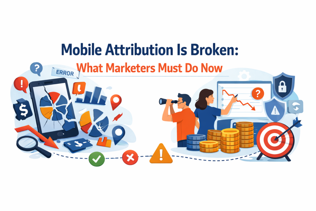 Minimal illustration showing a cracked smartphone with broken marketing charts while marketers analyze declining data and attribution problems.
