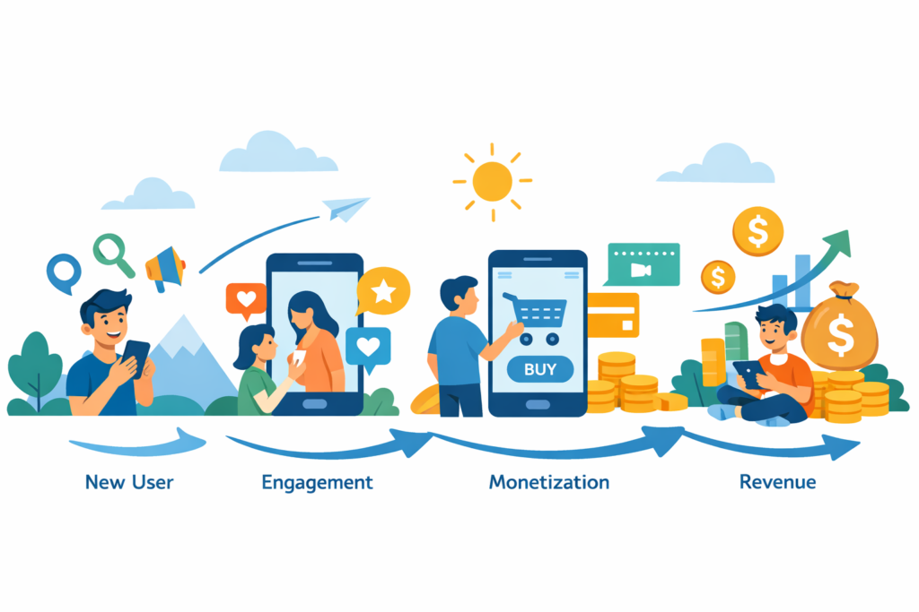 Minimal cartoon illustration showing the journey from a mobile app user to revenue generation through engagement and in-app purchases.