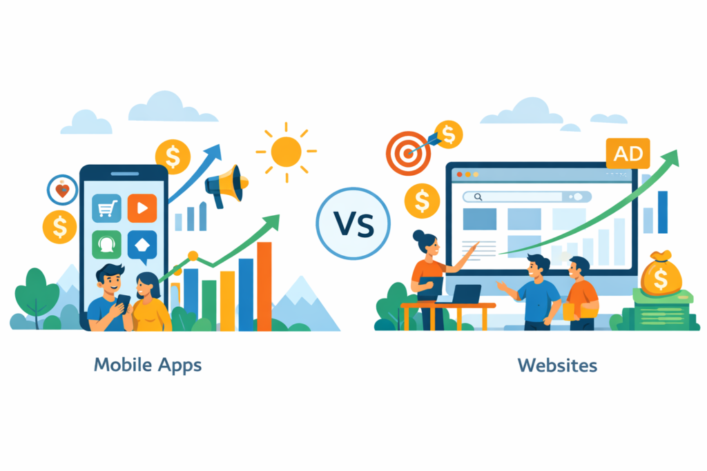 Minimal cartoon illustration comparing mobile apps and websites in performance marketing with growth charts, ads, and revenue icons.