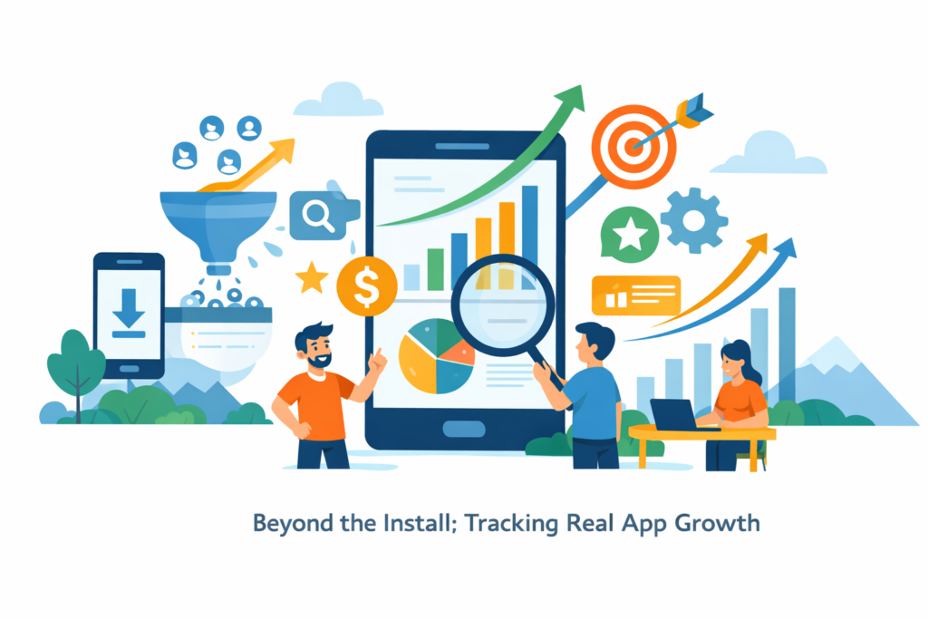 Minimal cartoon illustration of a mobile app dashboard with analytics charts, growth arrows, and people analyzing data to track app growth beyond installs.