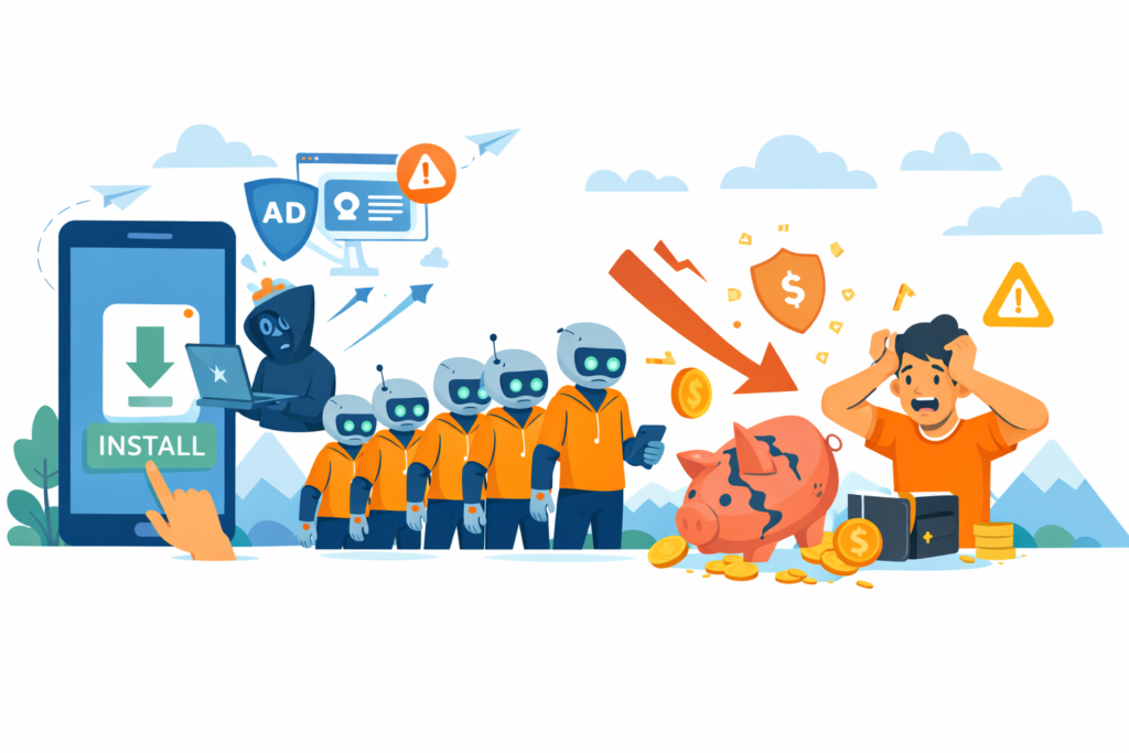 Minimal cartoon illustration of mobile ad fraud showing fake installs by bots draining an advertising budget with broken piggy bank and warning icons.