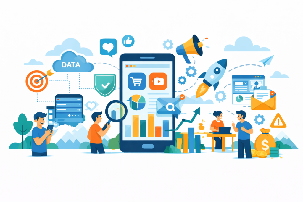 Minimal cartoon illustration of a mobile marketing tech stack with smartphone analytics dashboard, marketing tools, data cloud, and growth icons connected around it.