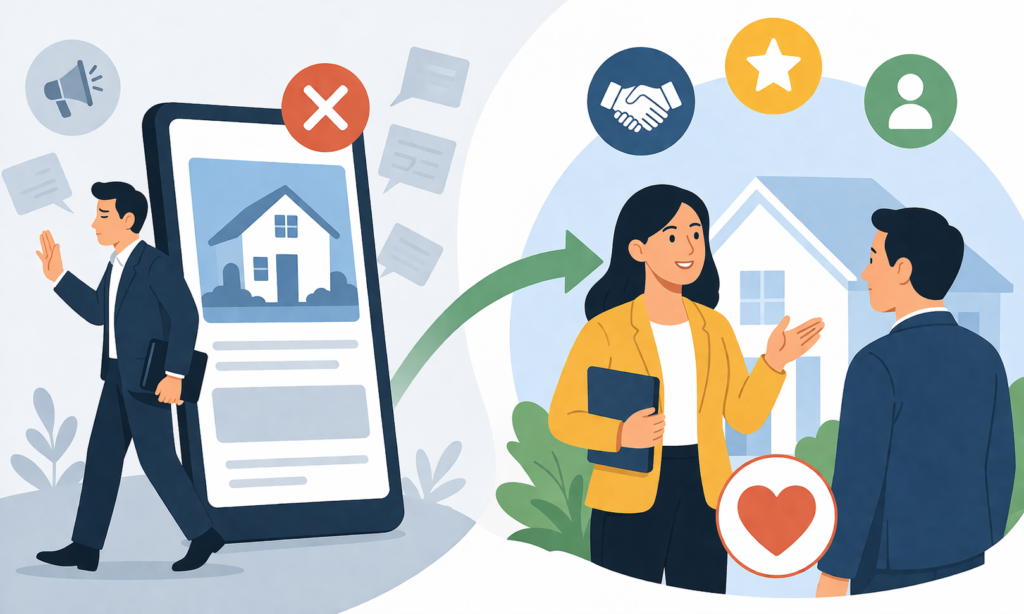 Minimal cartoon illustration showing ignored real estate ad turning into successful client interaction.