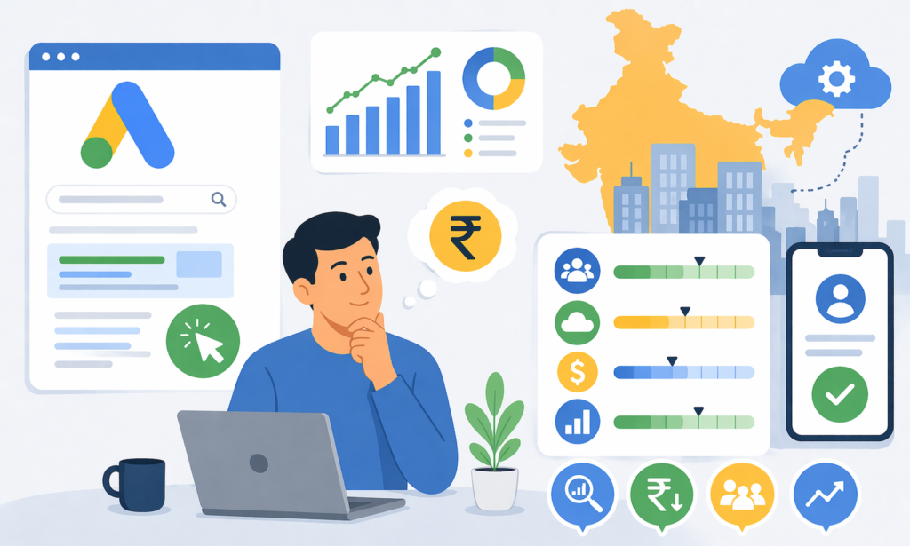 Minimal cartoon illustration of a marketer analyzing Google Ads CPL benchmarks for Indian SaaS with charts and cost indicators.