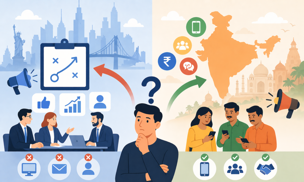 Minimal cartoon split illustration comparing Western B2B ad strategy failure with India-focused, mobile-driven audience engagement.
