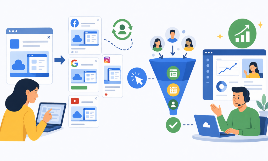 Minimal cartoon illustration of retargeting ads leading users through a funnel to successful SaaS demo conversion.