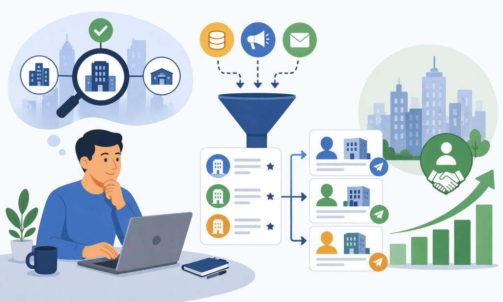 Minimal cartoon illustration of targeted SaaS marketing funnel focusing on key accounts with small-budget strategy and growth outcome.