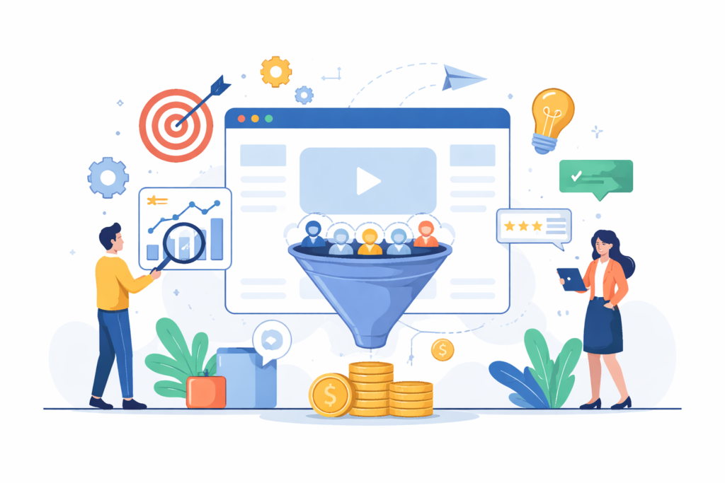 Minimal cartoon of a SaaS demo page funnel converting users into customers with analytics and growth icons.
