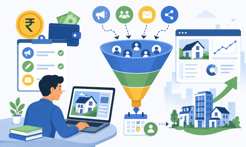 Minimal cartoon illustration of a budget-friendly real estate SaaS funnel turning leads into demo bookings and growth.