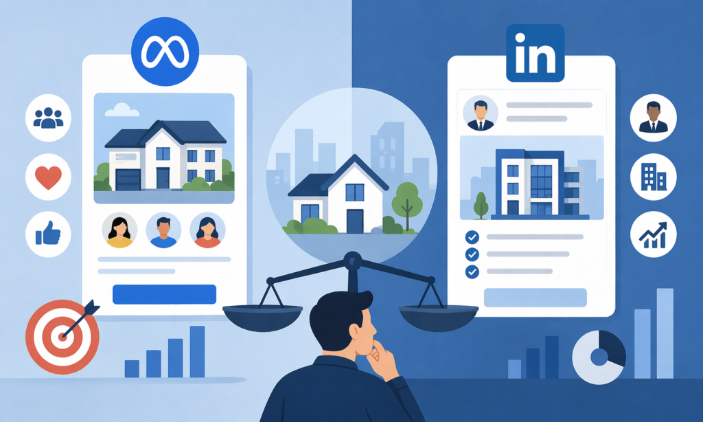 Minimal cartoon split-screen illustration comparing Meta-style and LinkedIn-style real estate ads with a central decision scale.