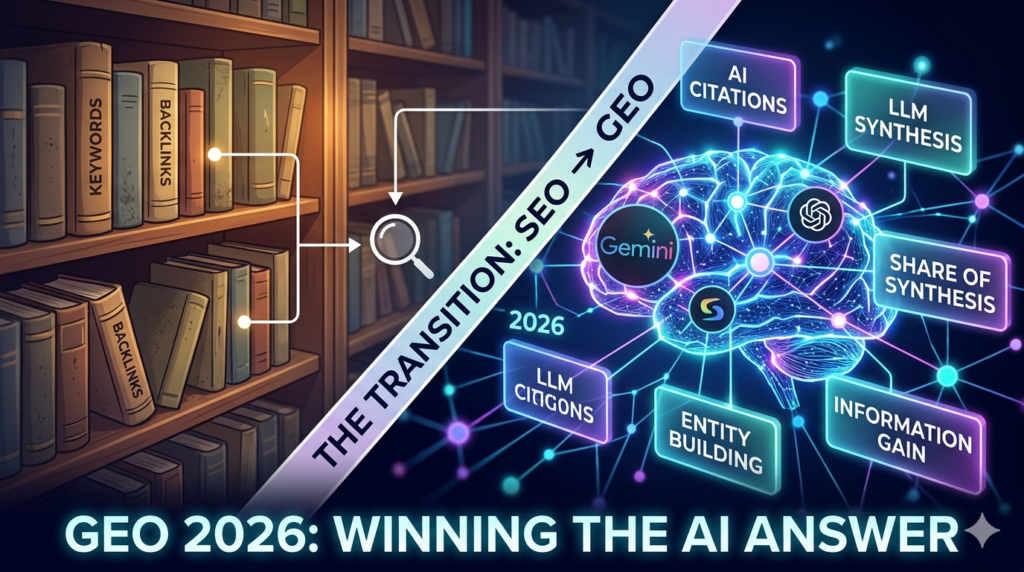 A conceptual digital illustration showing a diagonal split between traditional SEO and 2026 Generative Engine Optimization (GEO). The left side features classic library shelves with books labeled "Keywords" and "Backlinks," while the right side displays a glowing, futuristic neural network brain with labels like "AI Citations," "LLM Synthesis," and "Share of Synthesis." Centered at the bottom is the headline: "GEO 2026: WINNING THE AI ANSWER."