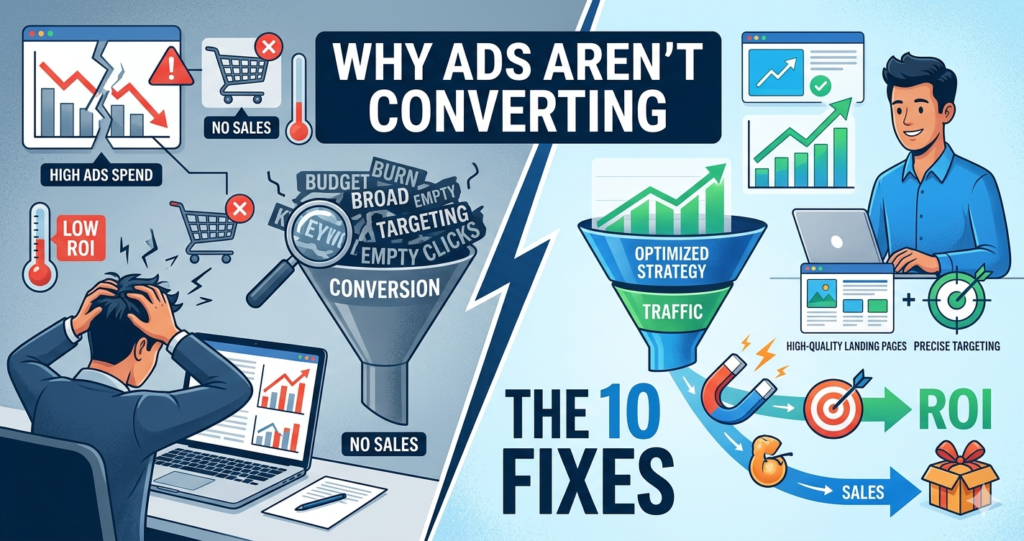 Why ads are not converting infographic showing a split-screen comparison of a frustrated marketer with failing metrics versus a successful entrepreneur with an optimized strategy, sales funnel, and high ROI.