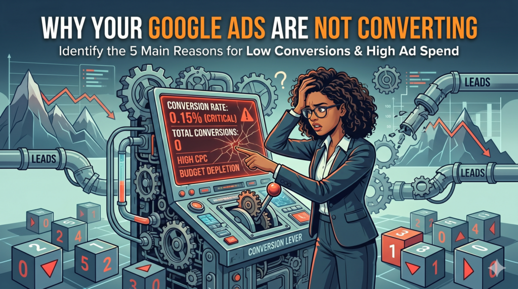Digital marketing illustration depicting common Google Ads failures, including high CPC and budget depletion, symbolized by a broken conversion lever and downward-trending performance graphs.