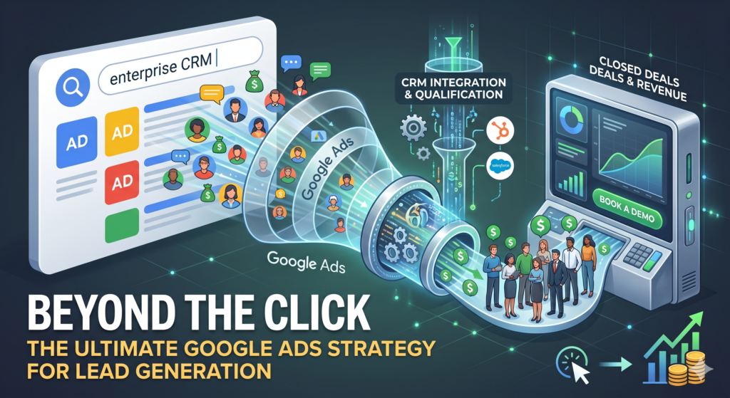 A digital infographic illustrating the complete "Beyond the Click" lead generation process. It shows a Google Search interface with stylized customer profiles