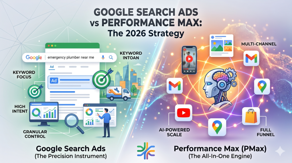 A side-by-side comparison infographic for a blog titled "Google Search Ads vs Performance Max: The 2026 Strategy."