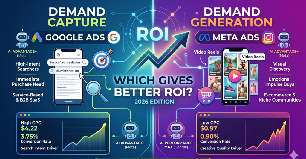 A comprehensive digital marketing guide titled 'Google Ads vs. Meta Ads: The Great ROI Showdown of 2026