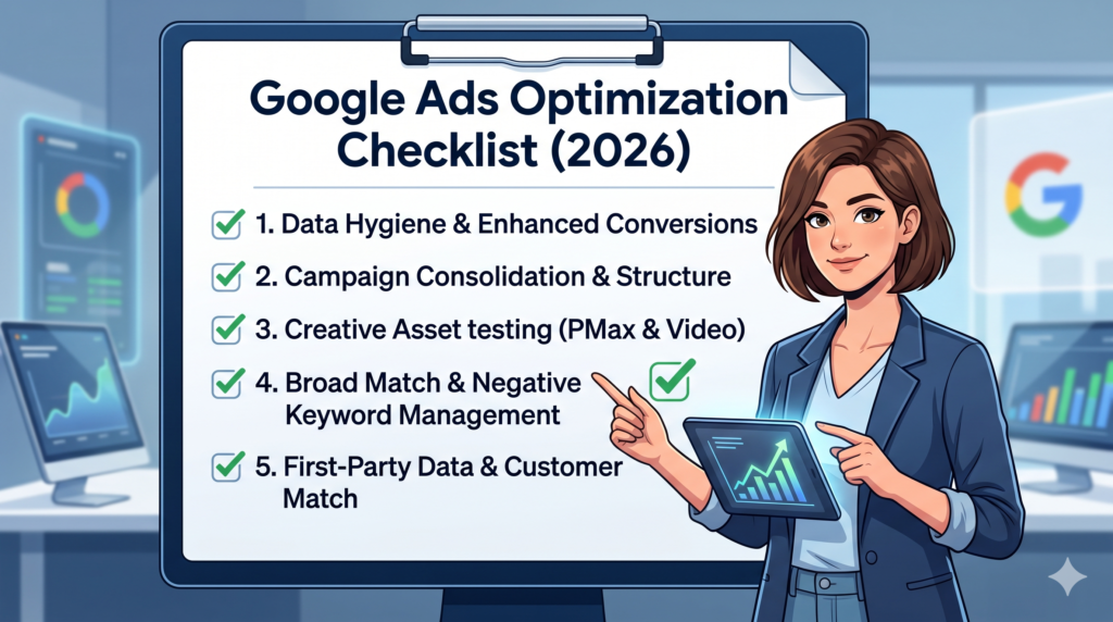 A futuristic digital tablet displaying a "Google Ads Optimization Checklist" for 2026, featuring icons for conversion hygiene, campaign structure,
