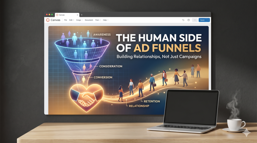 > A professional marketing illustration showing a digital sales funnel labeled with 'Awareness,' 'Consideration,' and 'Conversion,' transitioning into a glowing heart icon containing a handshake. Diverse people silhouettes are seen moving through the funnel and along a path toward 'Retention' and 'Relationship,' symbolizing a human-centered approach to ad funnels.