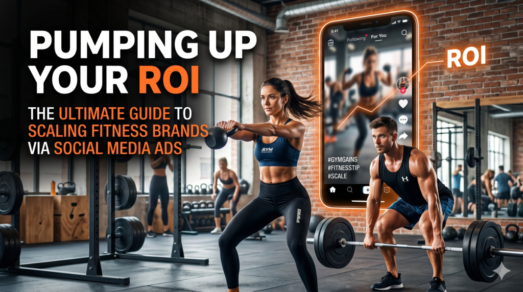 "A professional dashboard showing social media advertising for fitness brands and rising ROI metrics."