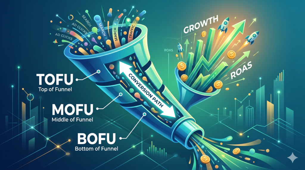 An illustrative 3D graphic showing a high-converting performance marketing funnel. The funnel is divided into three sections labeled TOFU