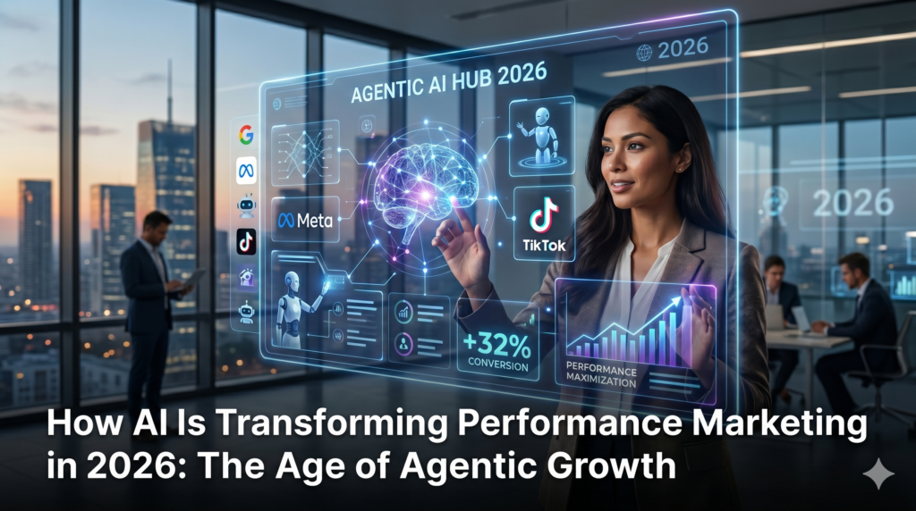 A diverse professional woman in a futuristic office interacts with a dynamic, glowing holographic interface labeled "AGENTIC AI HUB 2026," featuring a central brain graphic