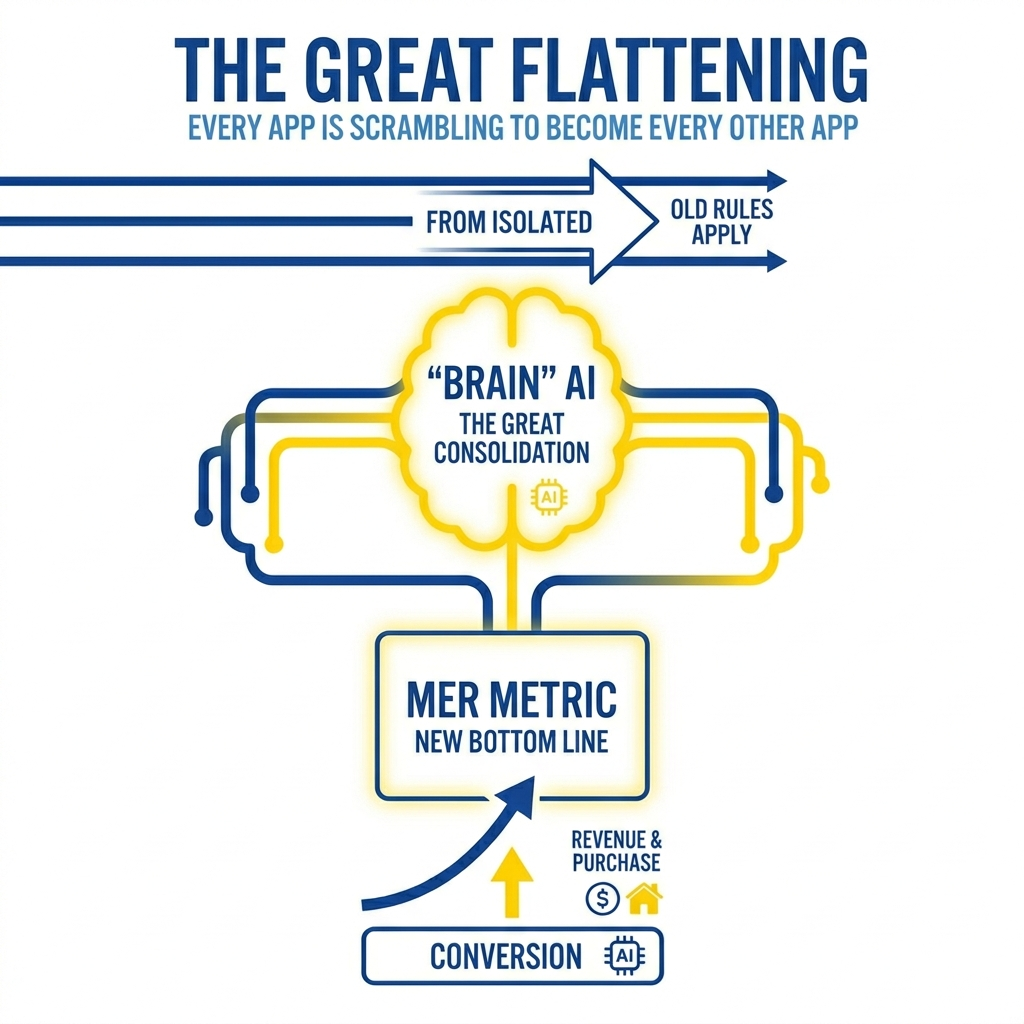A minimalist 1:1 square infographic on a white background using a blue and yellow color palette. The top features the title "THE GREAT FLATTENING" with the subtitle "EVERY APP IS SCRAMBLING TO BECOME EVERY OTHER APP." Below the title, horizontal blue arrows represent a shift "FROM ISOLATED" channels where "OLD RULES APPLY." These lines flow into a central yellow brain icon labeled "'BRAIN' AI: THE GREAT CONSOLIDATION," symbolizing the convergence of platforms. The output of the brain icon leads down into a box labeled "MER METRIC: NEW BOTTOM LINE," with an upward-curving blue arrow pointing toward a final button labeled "CONVERSION." Small icons for revenue ($) and purchase (a house) accompany the bottom section, illustrating a streamlined, AI-driven marketing funnel.