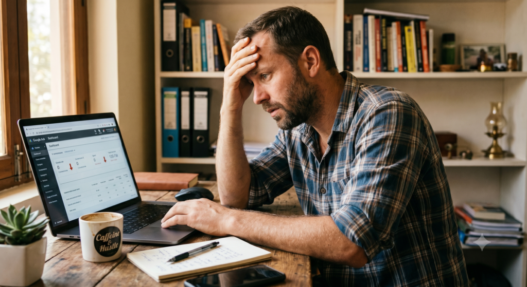 A stressed business owner sitting at a rustic wooden desk, looking at a Google Ads dashboard on a laptop with a hand on his forehead, representing the frustration of common digital advertising mistakes.