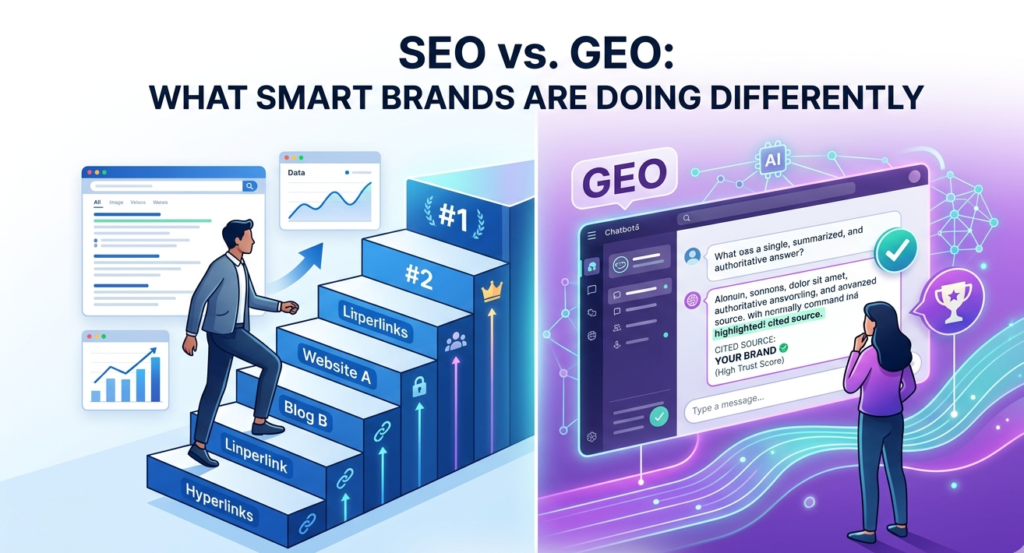 A split-screen illustration contrasting traditional SEO (climbing a staircase of blue hyperlinks) with GEO (being cited as a trusted source within an AI chatbot interface).