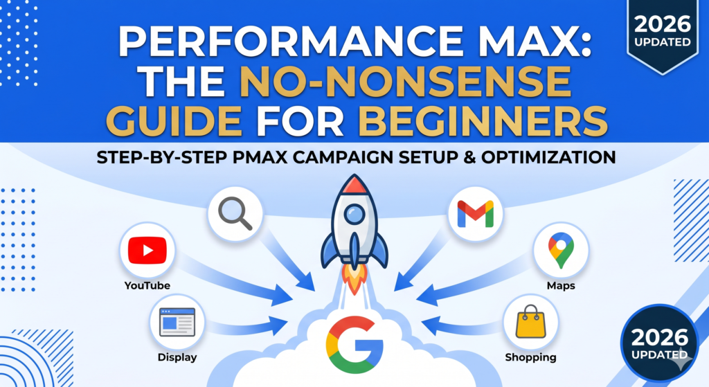 A modern infographic for a Performance Max guide featuring a rocket launching from a Google logo, surrounded by icons for YouTube, Gmail, Google Maps, Search, and Shopping.