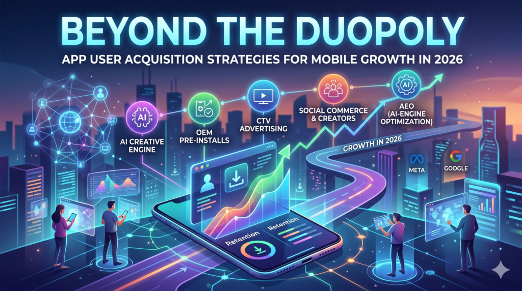 Futuristic neon dashboard and digital city landscape showing modern mobile app user acquisition strategies for 2026