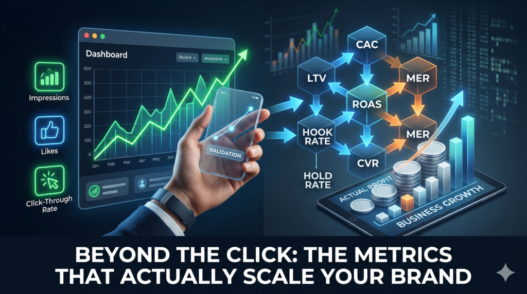 3D network flow chart displays essential growth metrics including CAC, LTV, ROAS, and MER, leading to a rising bar graph labeled "Business Growth" and stacks of coins.