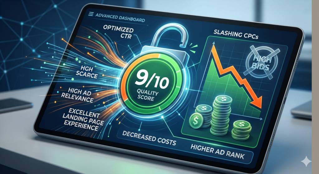 An illustrative infographic displayed on an iPad screen, explaining how to improve a Google Ads Quality Score to lower costs.